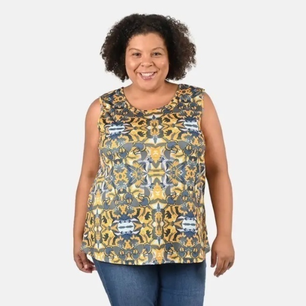 Gray and Yellow Floral Print Basic Scoop Neck Knit Tank - 1X